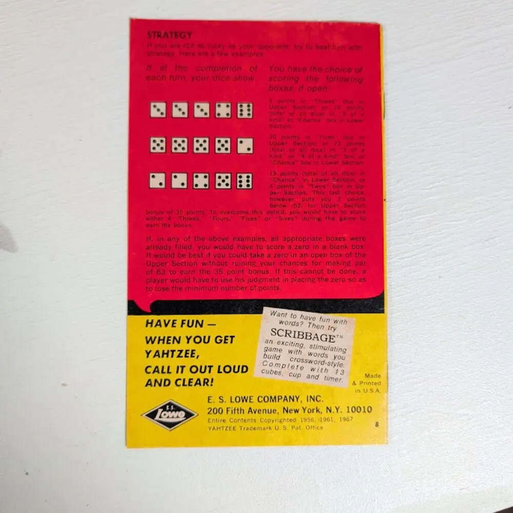 Vintage 1967 Lowe Yahtzee Dice Game Complete Dice Cup Score Pads Chips Pencils